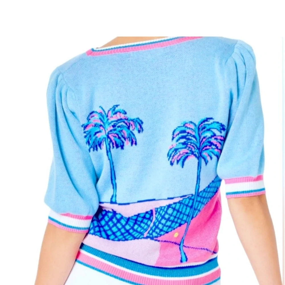 LRare Lilly Pulitzer Vivie Short Sleeve Tennis Graphic Sweater Palm Tree..